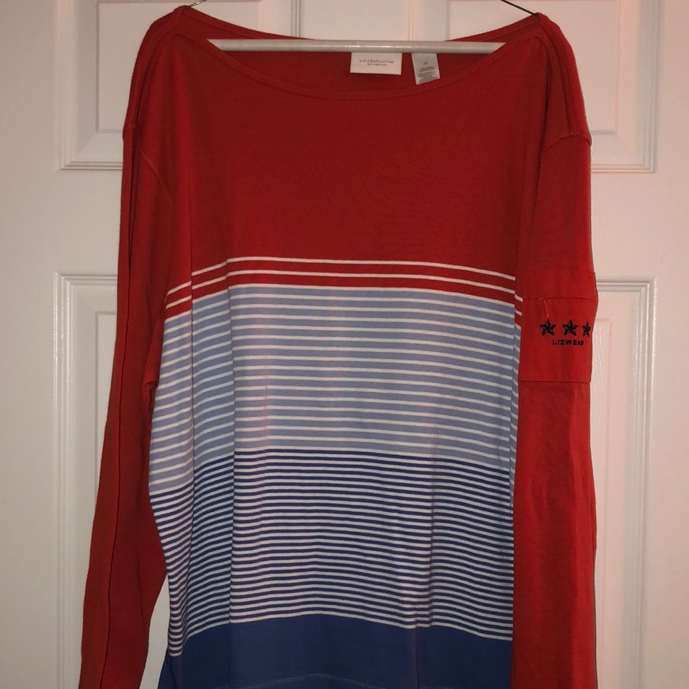 Coral and blue striped knit top